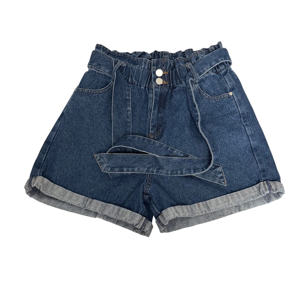 Everyday Chic Boutique Paper Bag Denim Shorts Womens S Blue High Waist Belted